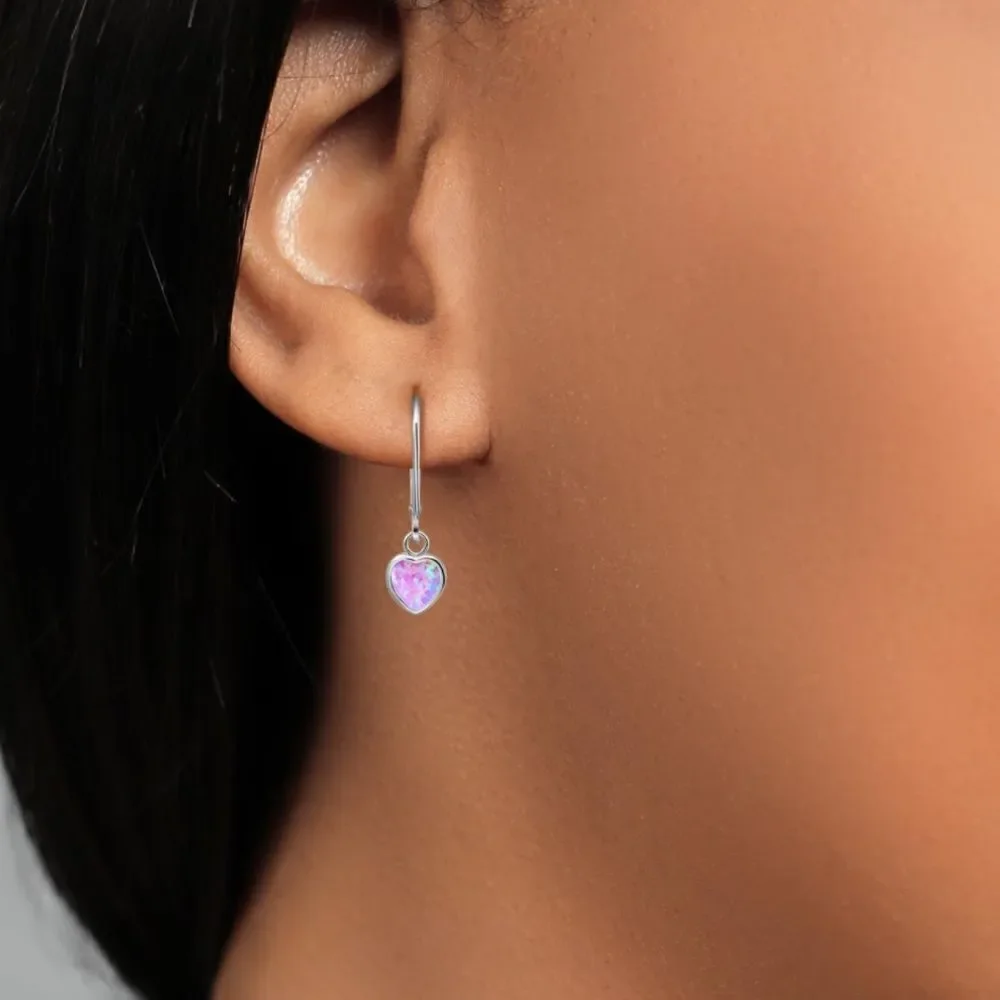 925 Sterling Silver 1.50 Cttw Fire Pink Opal Heart Leverback Drop Earrings
